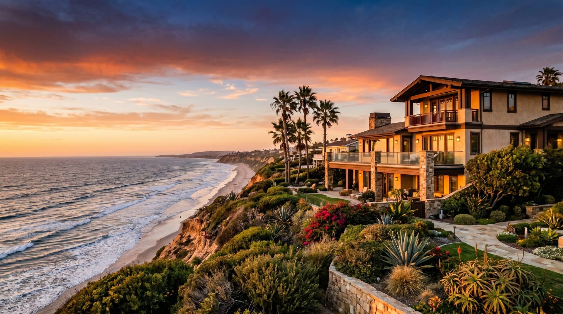 A Del Mar bluff-top home overlooking the Pacific beach at sunset
