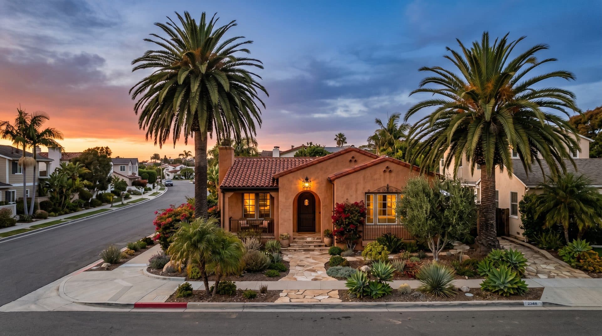 A San Diego home glowing at golden hour on a quiet residential street