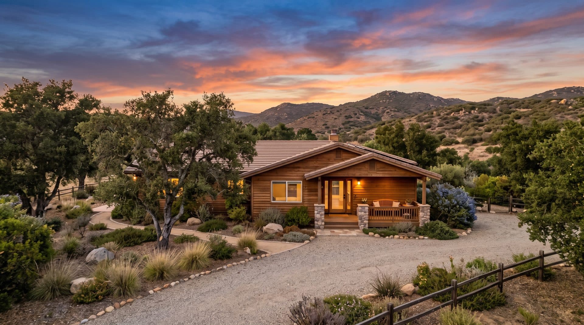 A Poway ranch-style home on a large lot with chaparral hills behind at golden hour
