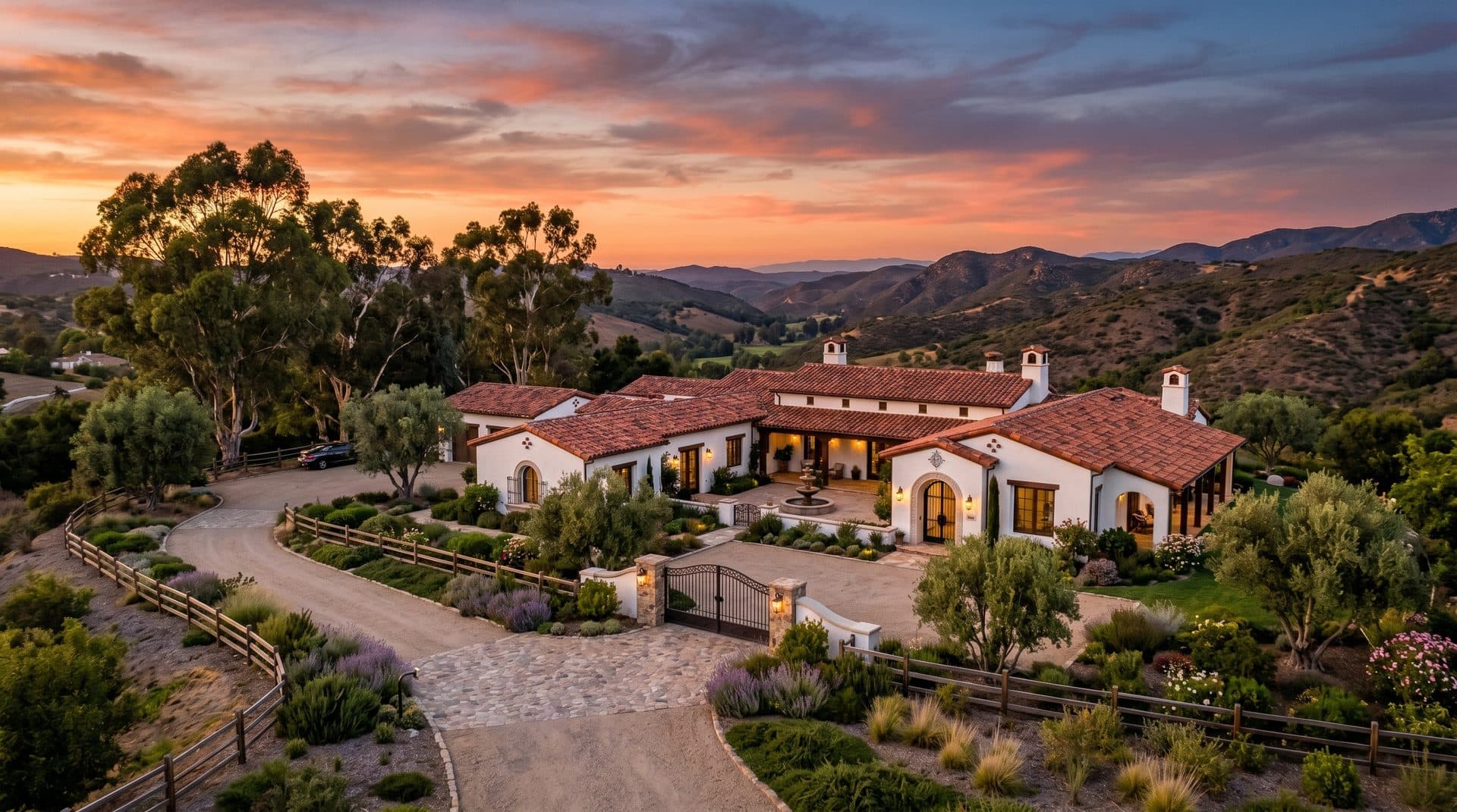 A Rancho Santa Fe estate at golden hour with rolling hills behind
