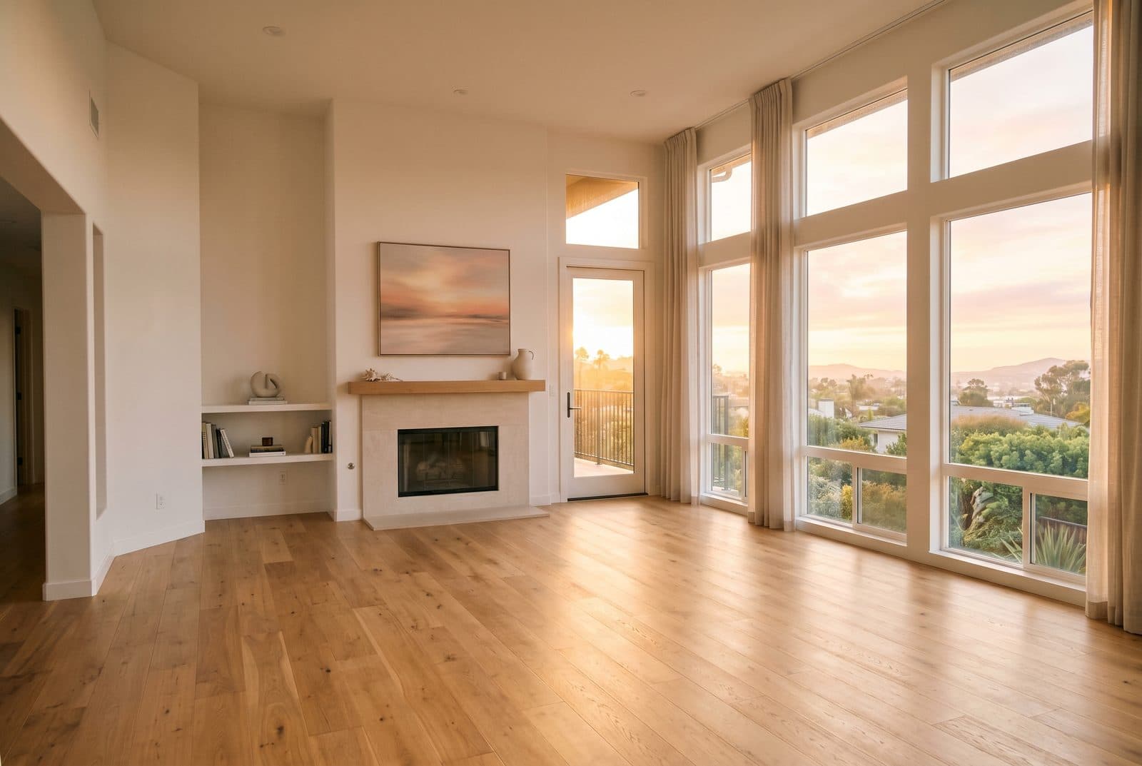 A sunlit, empty San Diego living room at golden hour, ready for the next owner