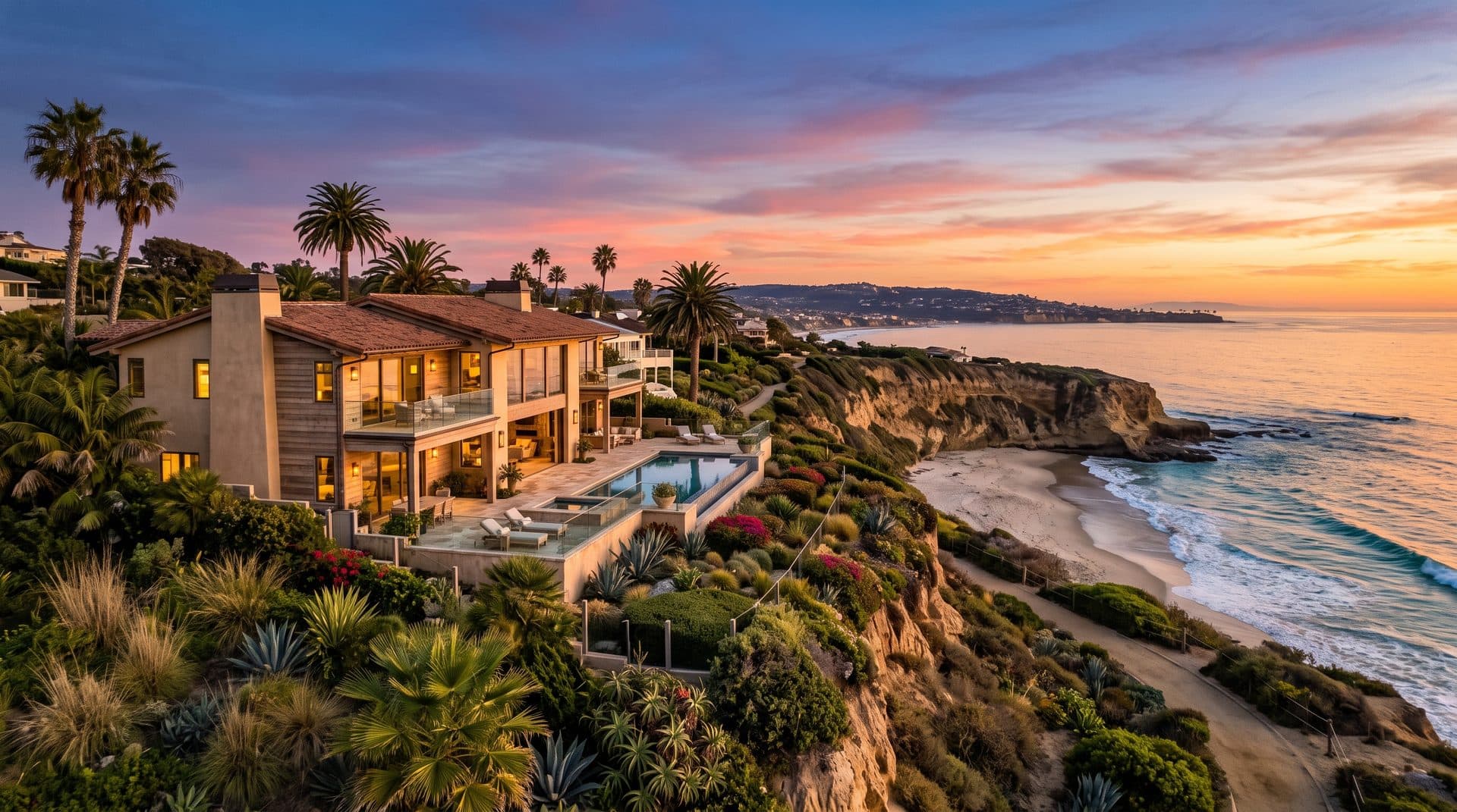 A Solana Beach bluff-top home overlooking the Pacific cove at sunset